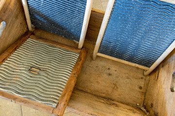 The old wooden washtub with traditional washboards for washing clothes