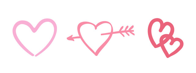 Freehand heart on isolated white background. Hand drawn hearts. Valentine's day. Colorful outlined doodles