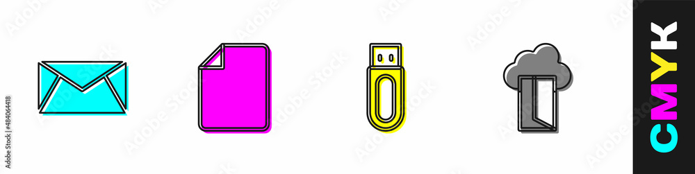 Poster set mail and e-mail, file document, usb flash drive and cloud database icon. vector