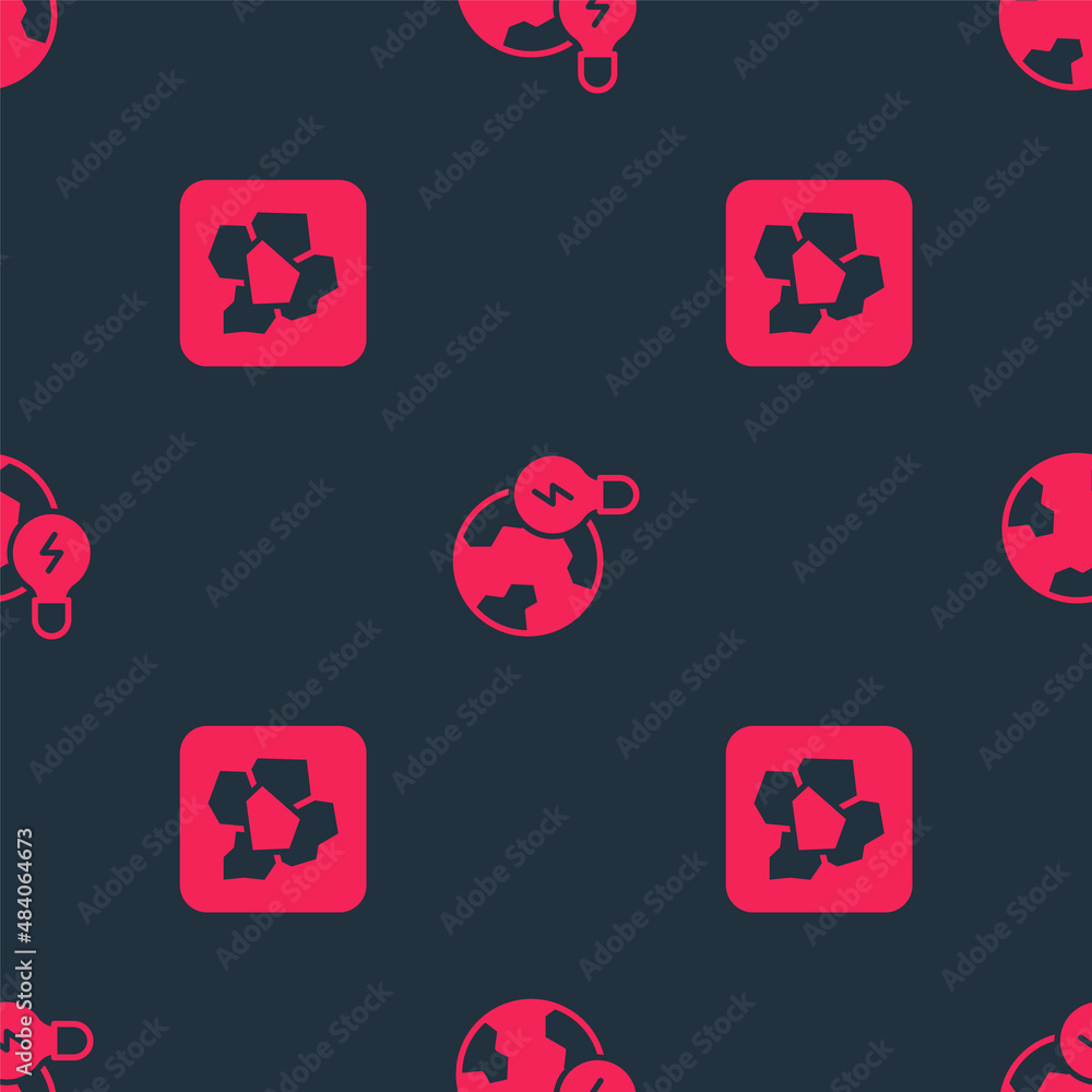 Poster set gold nugget and global planet with bulb on seamless pattern. vector