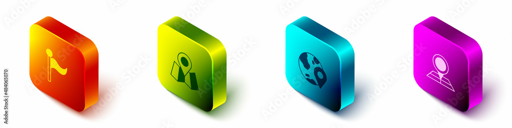 Poster set isometric flag, folded map with location marker, location the globe and icon. vector