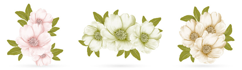 Set of vintage flower bouquet with green leaf isolated on white background