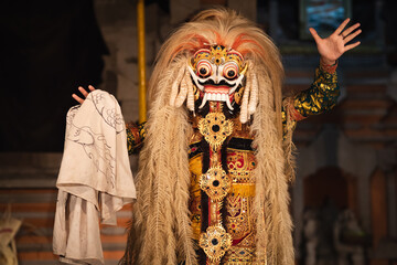Balinese mythological demon queen Rangda during Barong ritual dance ceremony at Pura Saraswati...