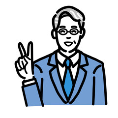 笑顔でピースサインをしているスーツを着たメガネをかけた中年男性
