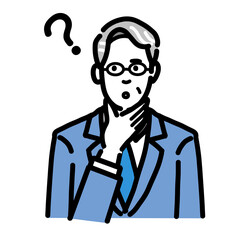 顎に手をあてて考えているスーツを着たメガネをかけた中年男性
