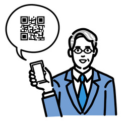 スマートフォンを持ってQRコードの説明をしているスーツを着たメガネをかけた中年男性
