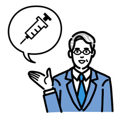 ワクチン、予防接種の説明をしているスーツを着たメガネをかけた中年男性
