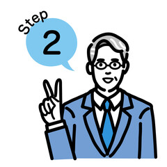 ステップ2　工程を説明するスーツを着たメガネをかけた中年男性
