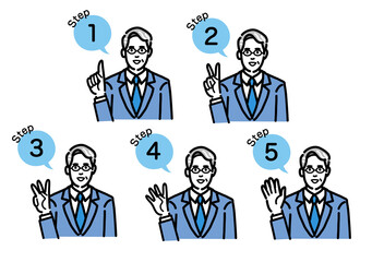 工程を説明するスーツを着たメガネをかけた中年男性のセット
