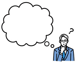 吹き出し　考えているスーツを着たメガネをかけた中年男性
