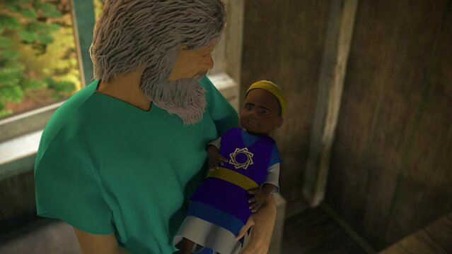 3d render little baby priest Melchizedek eating bread from his uncle Noah animation