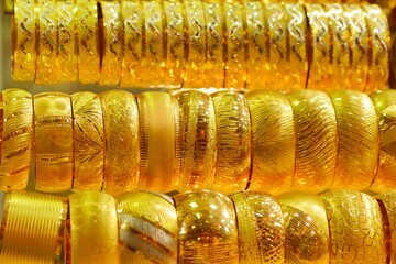 Banch of a Golden bracelets, close up