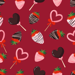 Seamless pattern for packaging design, Valentines Day. Chocolate strawberries, heart chocolate lollipops in milk, bitter. pink with patterns. Vector flat illustration on an isolated white background.