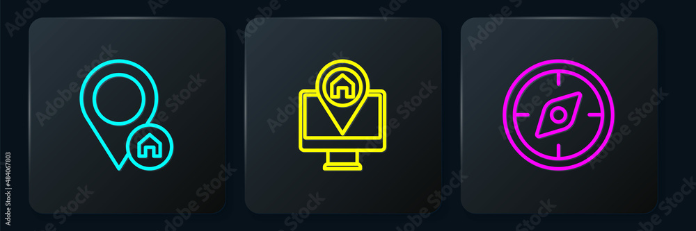 Poster set line location with house, compass and monitor map location. black square button. vector