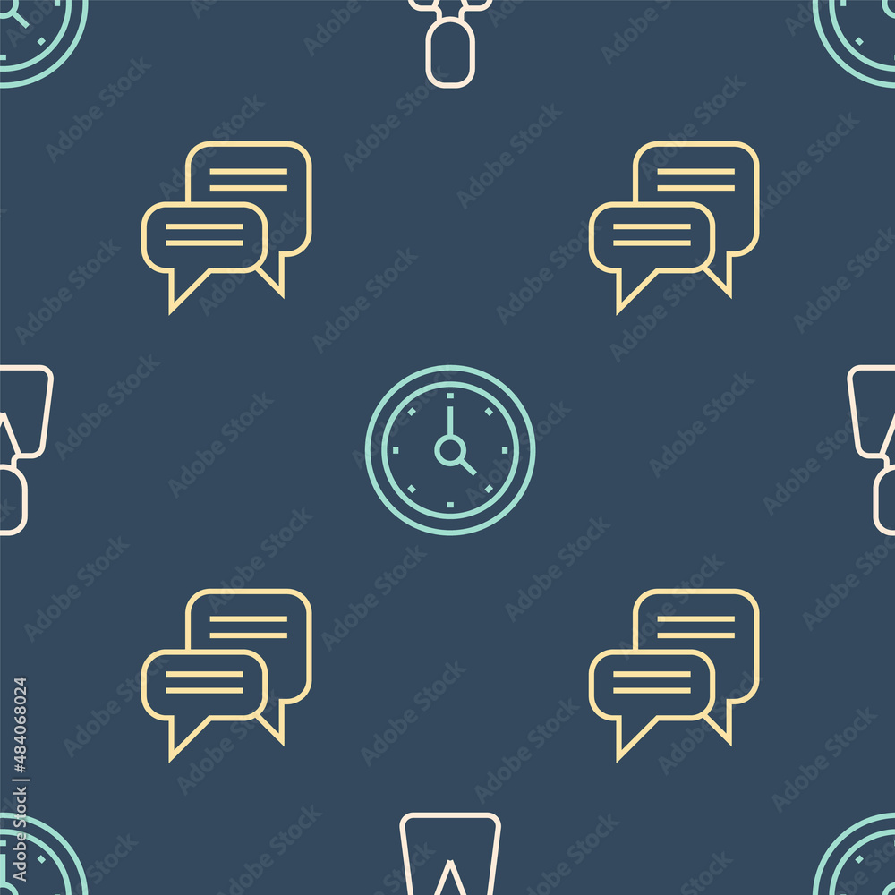 Poster set line employee, speech bubble chat and clock on seamless pattern. vector