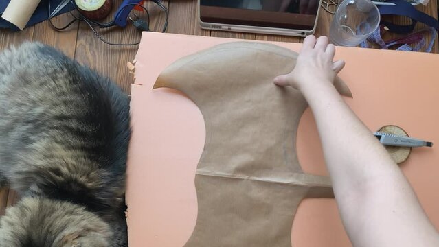 Women's hands put piece of paper in form of celtic axe on styrofoam. Fluffy cat lies on wooden table in cosplayer craft workshop.
