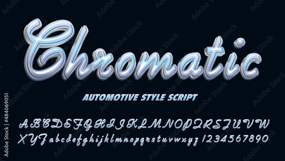 Aufkleber chromatic; an automotive style script with chrome effects. this type of alphabet is similar to to vi