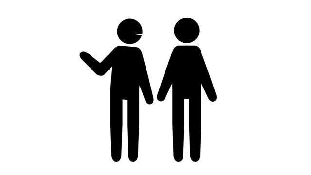 ３密のピクトグラムアニメーション。密接、密集、密閉。The Three Cs. Pictogram man talks at close range without a mask at a crowded and closed space with many people.