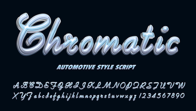 Chromatic; an automotive style script with chrome effects. This type of alphabet is similar to to vintage logo placards on cars from the 1950s through 1970s.