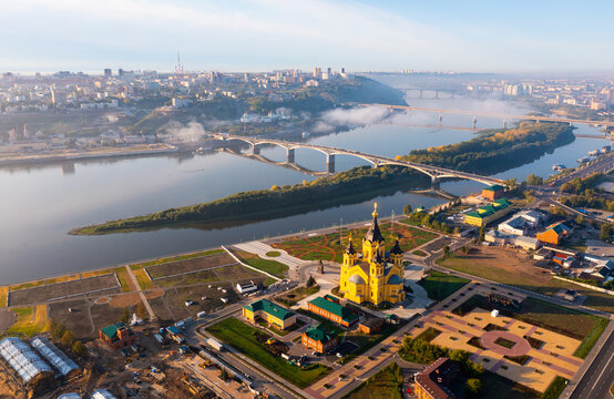 Aerial photo of Alexander Nevsky Cathedral in Nizhny Novgorod and Oka River embankment.