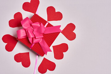 Cute red and colorful gift bags and boxes. Gifts for valentine's day. The day of love and friendship. Hearts, love, affection, friends, celebration, ribbons and bows.