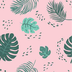 Seamless monstera and palm leaves vector pattern. Summer background for fabric, wrapping paper and wallpaper