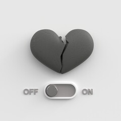 Broken stone heart and a deactivated ON-OFF love switch as a symbol of the breakup of a love relationship. Deactivated love mode on the ON-OFF switch