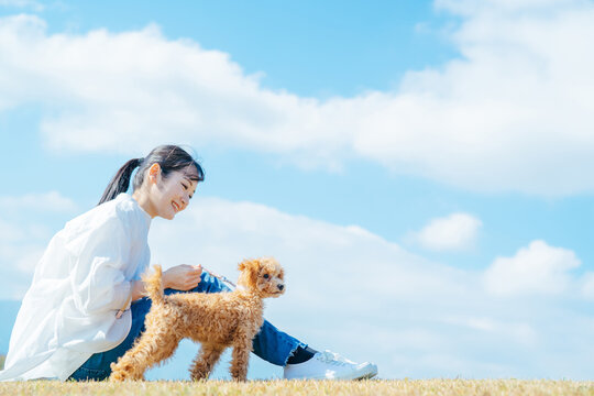 愛犬と遊ぶ女性（芝生・座る）
