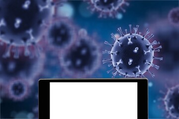 Blank phone screen with COVID-19 virus molecule.