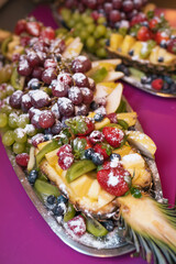 Fruit plate with powdered sugar at a banquet
