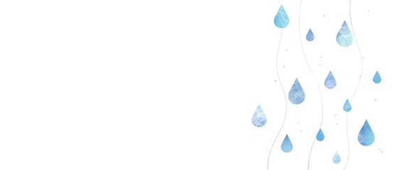 アルコールインクアートの抽象背景）雨のイメージの横長白背景テンプレート　マーブル　雫　梅雨　青　銀色　