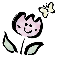 筆で描いた　かわいいチューリップとちょうちょ　手描きイラスト　水彩風カラー