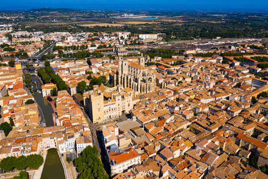 Panoramic aerial view of district of Narbonne with apartment buildings