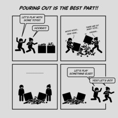 Funny comic strip. Pouring out is the best part. Two naughty kids messing up the house by pouring out the toy boxes and not playing with them. - obrazy, fototapety, plakaty