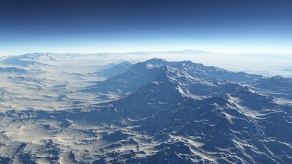 Fototapeta premium alien planet landscape sci fi spatial background, view from planet surface with spectacular sky, realistic digital illustration