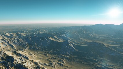 alien planet landscape sci fi spatial background, view from planet surface with spectacular sky, realistic digital illustration