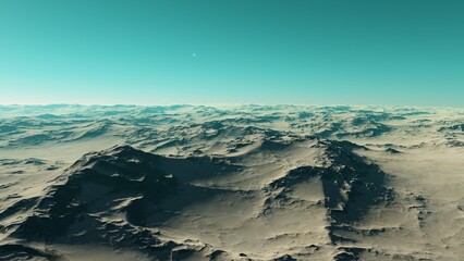 alien planet landscape sci fi spatial background, view from planet surface with spectacular sky, realistic digital illustration