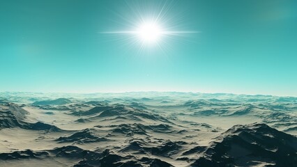 Fototapeta premium alien planet landscape sci fi spatial background, view from planet surface with spectacular sky, realistic digital illustration