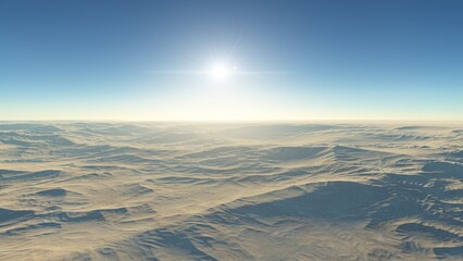 alien planet landscape sci fi spatial background, view from planet surface with spectacular sky, realistic digital illustration