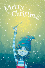 Vector Christmas card. Cartoon character elf, against the background of a spruce forest, holds a sparkler, fireworks. For postcards, posters, greeting calendars and other goods