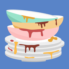 Dirty dishes concept vector illustration. Unclean plates pile stack in flat design.