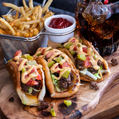 Close up of cheeseburger tacos served with fries and cola. 