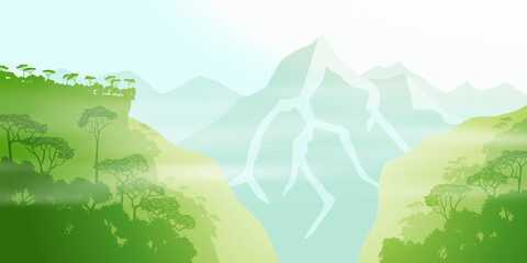 Mountains covered with tropical forest, summer landscape, vector illustration