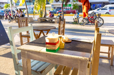 Mexico, Quintana Roo, Tulum cafes in restaurants serving national Mexican cuisine and seafood in historic city center frequented by locals and international tourists.