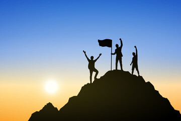 Silhouette group of people on top the mountain. Illustration sunset background. Business, teamwork, goal and success concept.