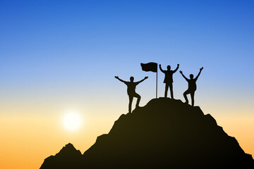 Silhouette group of people on top the mountain. Illustration sunset background. Business, teamwork, goal and success concept.
