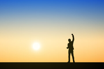 Silhouette of people standing raising hands. Illustration sunset background. Business, teamwork, goal and success concept.