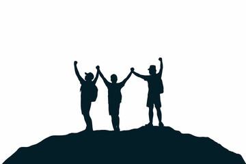 Silhouette of people on top the mountain. Illustration white background. Business, teamwork, goal and success concept.