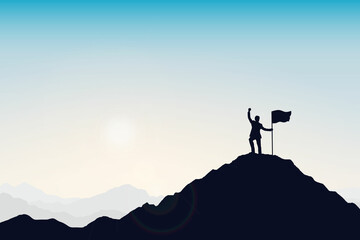 Silhouette of people and flag on top the mountain. Illustration sky background. Business, teamwork, goal and success concept.