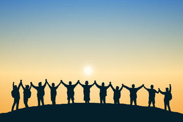 Fototapeta premium Silhouette group of people on top the mountain. Illustration sunset background. Business, teamwork, goal and success concept.